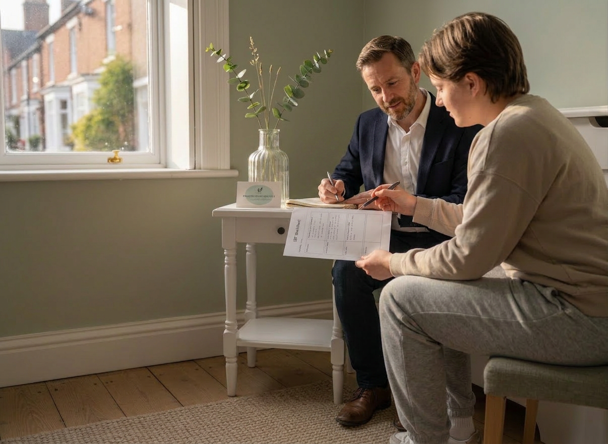 A tranquil corner of a Northamptonshire-inspired therapy space, with a small, white-painted wooden side table set beside a radiator cover in a converted townhouse room, no people visible. On the table sits a textured glass vase holding a few simple green stems, a folded linen cloth, and a discreetly branded business card for a therapy practice. Through a partially visible window, blurred greenery hints at an English market-town street. Soft late-afternoon natural light streams in, creating warm highlights on the vase and subtle shadows on the painted wood. Photographic realism, composed with asymmetrical balance and moderate depth of field, conveying a grounded, local, and reassuring atmosphere.